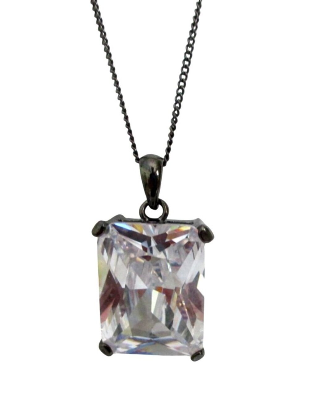 Faceted Crystal Pendant Necklace In Black Metal Setting on 15" to 18" Chain
